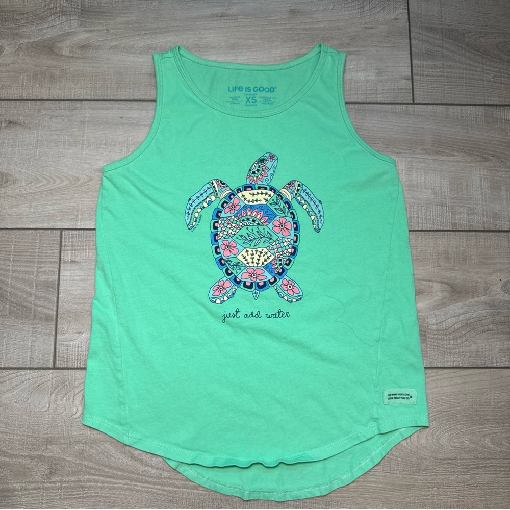 Life Is Good Sea Turtle‎ Doodles Graphic Tank Top Womens XS Just Add Water Green - Picture 2 of 11